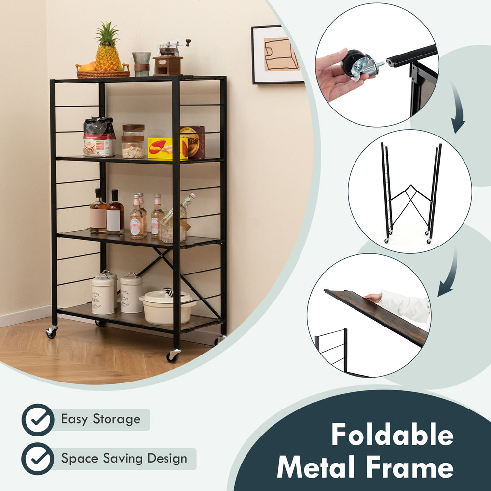 4-tier black foldable storage shelf with metal frame, ideal for kitchen or living room, featuring 4 universal wheels.