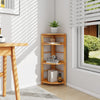 4-tier corner shelf with rubber wood frame, showcasing a natural style, perfect for saving space in home or office.