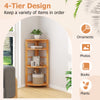 4-tier corner shelf with rubber wood frame, designed for space-saving storage of books, plants, and ornaments.