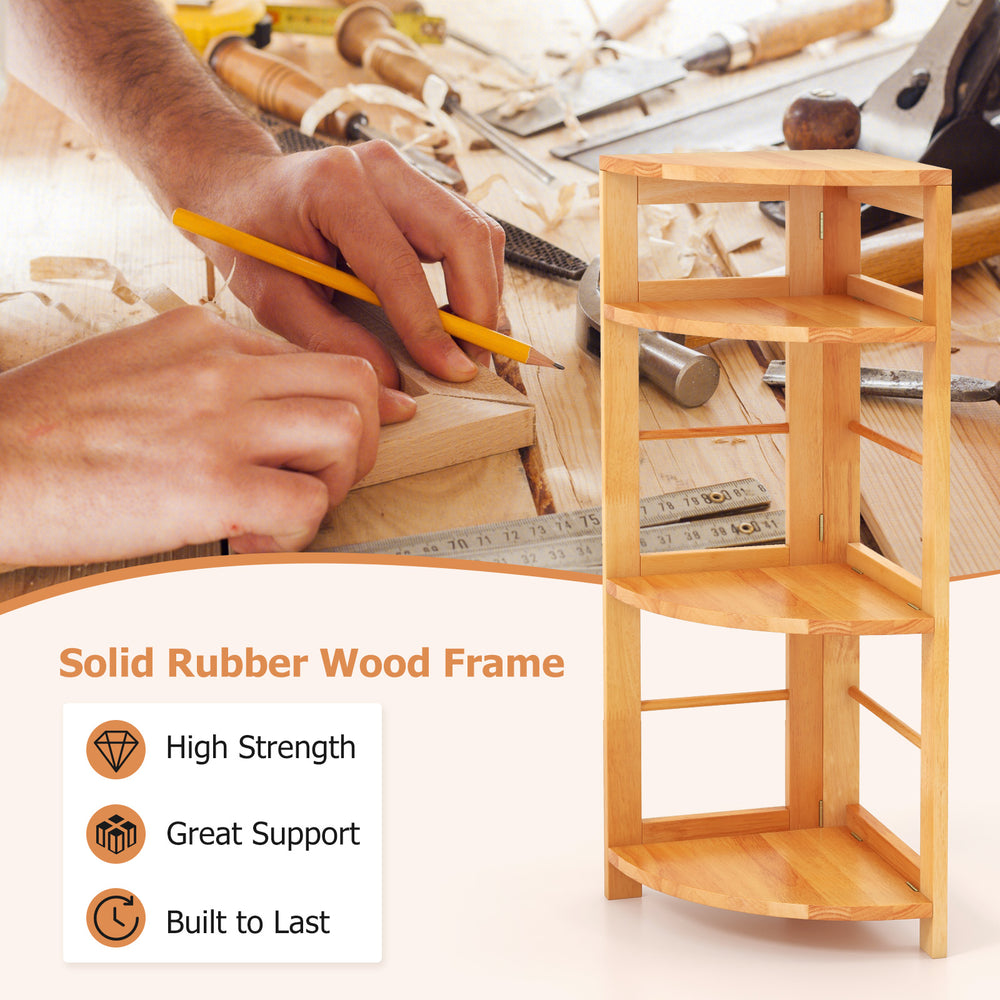 4-tier corner shelf with solid rubber wood frame, designed for space-saving and built to last with anti-toppling.