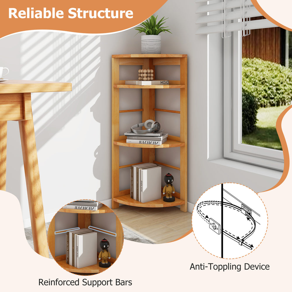 4-tier corner shelf with rubber wood frame, featuring reinforced support bars and anti-toppling device for stability.