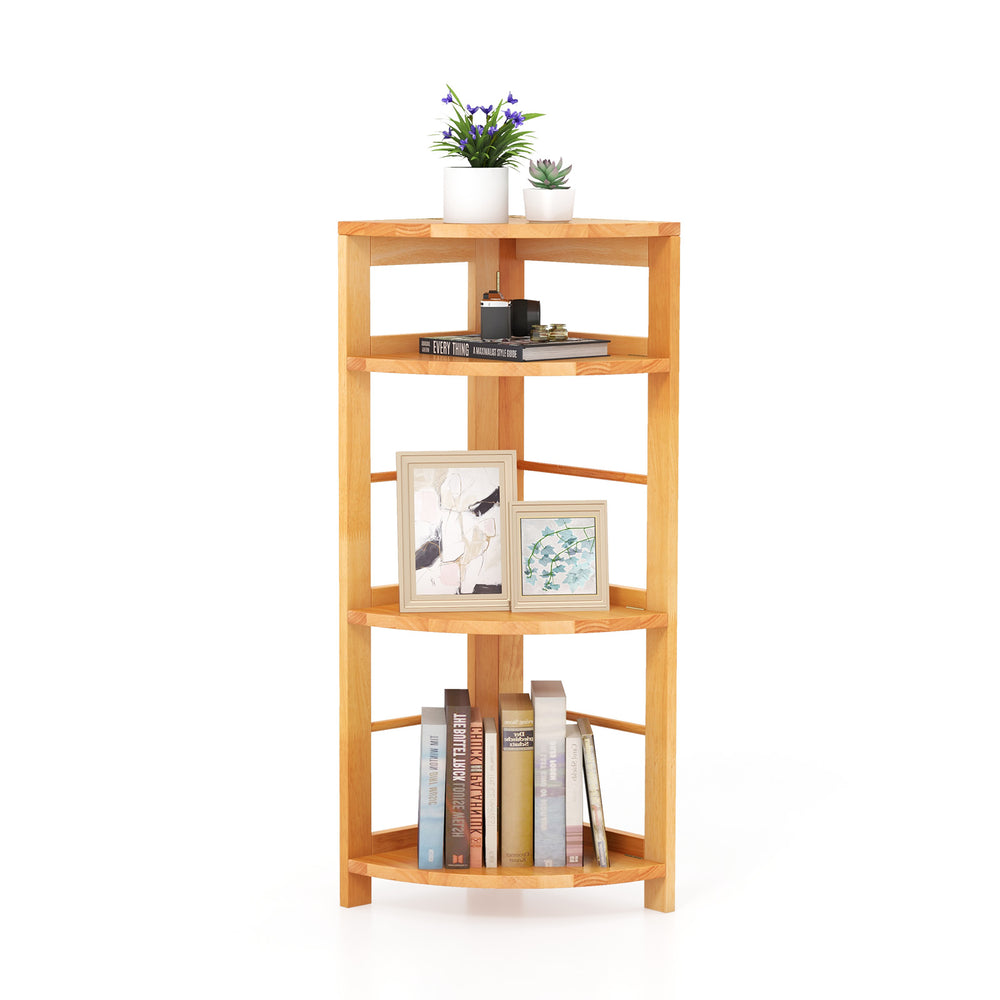 4-tier corner shelf with rubber wood frame, featuring a natural style and anti-toppling kit for secure storage.