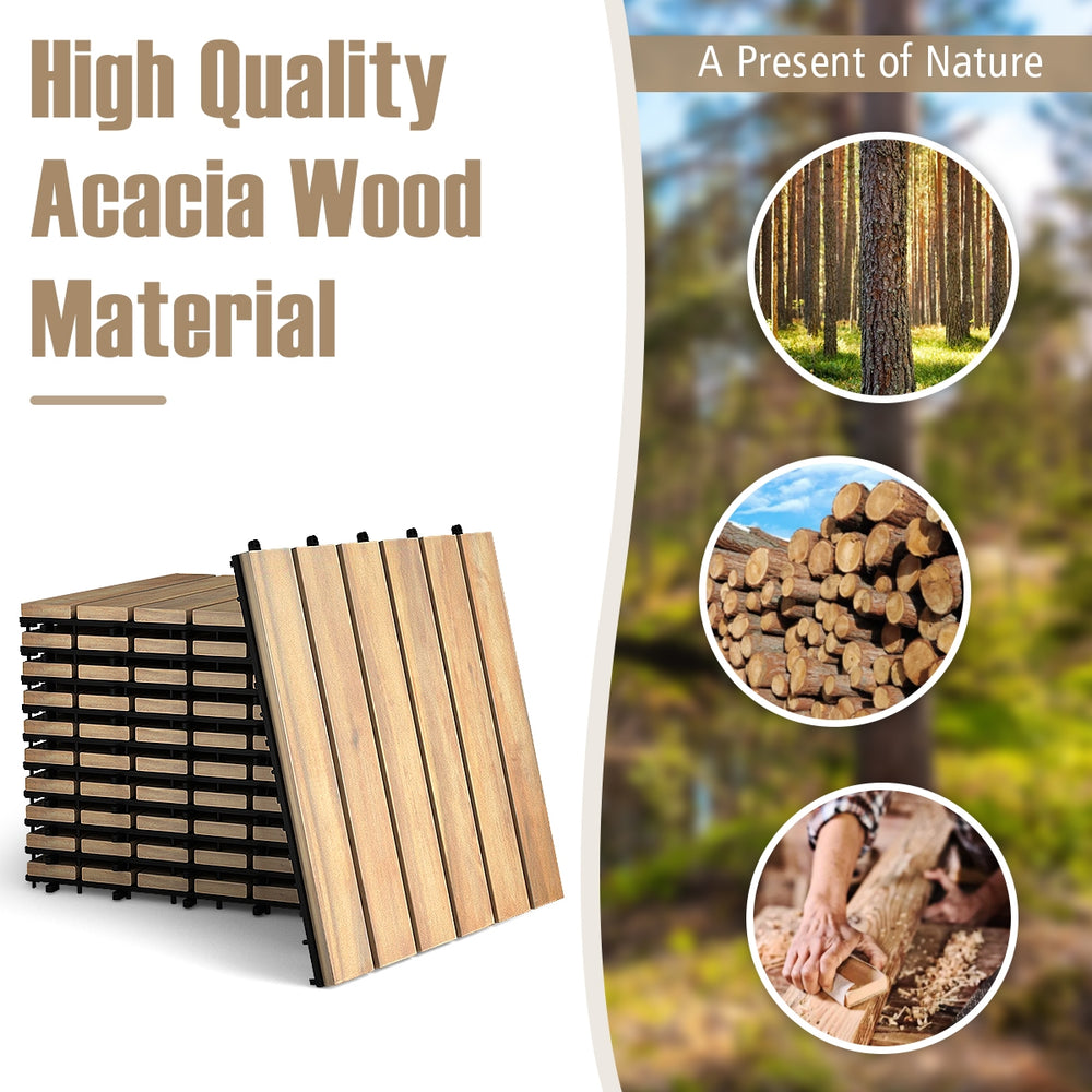 Acacia wood interlocking tile flooring set, 12 x 12 inches, ideal for garden, balcony, or poolside with durable PVC.