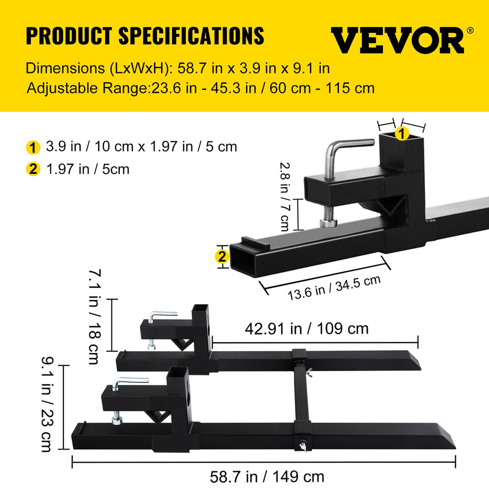 Vevor Pallet Fork Clamp On Attachable 42.9" 4000 Lbs With Adjustable Stabilizer Bar Heavy Duty New