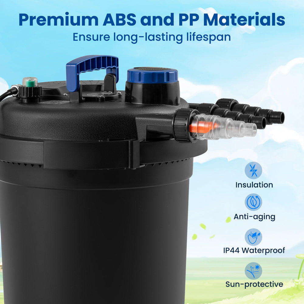 4000 gallons pond pressure bio filter with UV light, made of ABS material, designed for easy maintenance and effective.