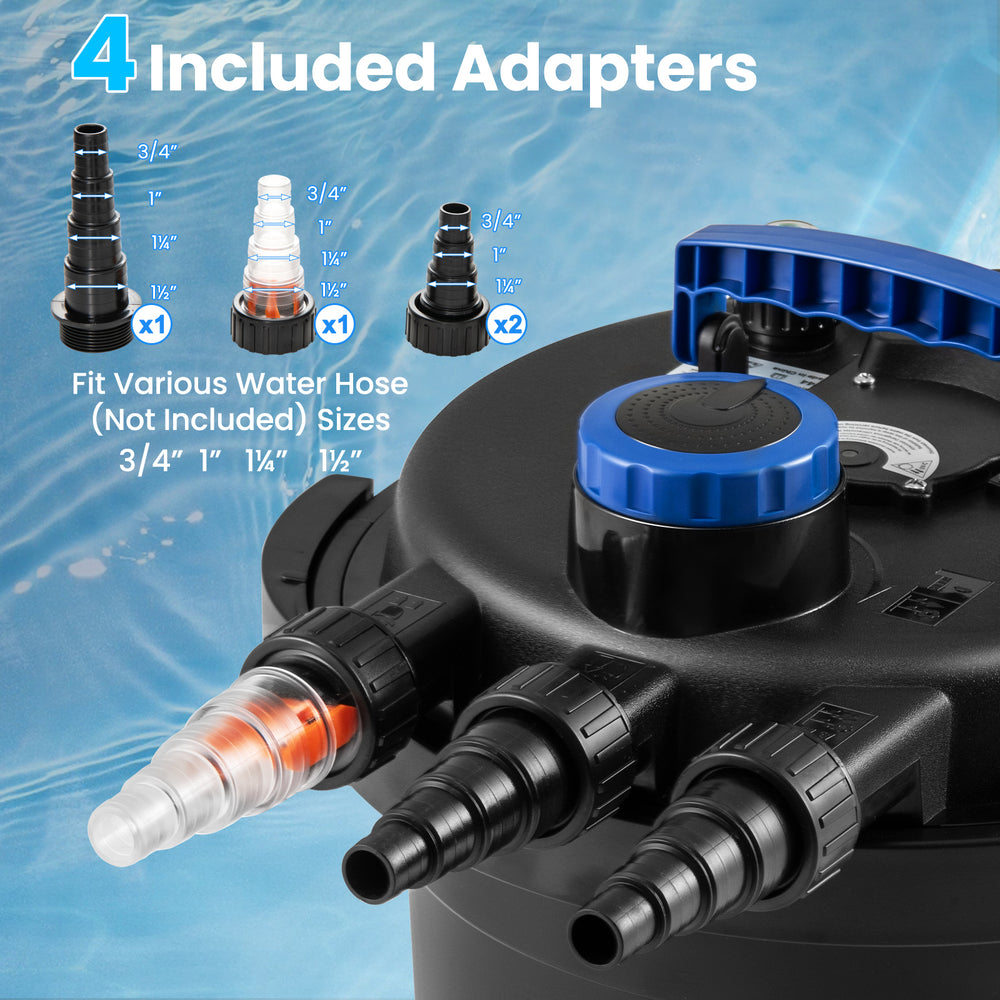 Pressure bio filter with 4 included adapters for various water hose sizes, designed for ponds and aquariums.