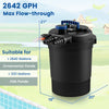 Pressure bio filter with UV light for ponds, 2642 GPH flow, 21" height, made of durable ABS material.