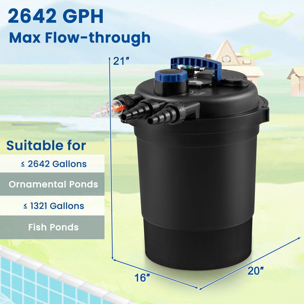 Pressure bio filter with UV light for ponds, 2642 GPH flow, 21" height, made of durable ABS material.