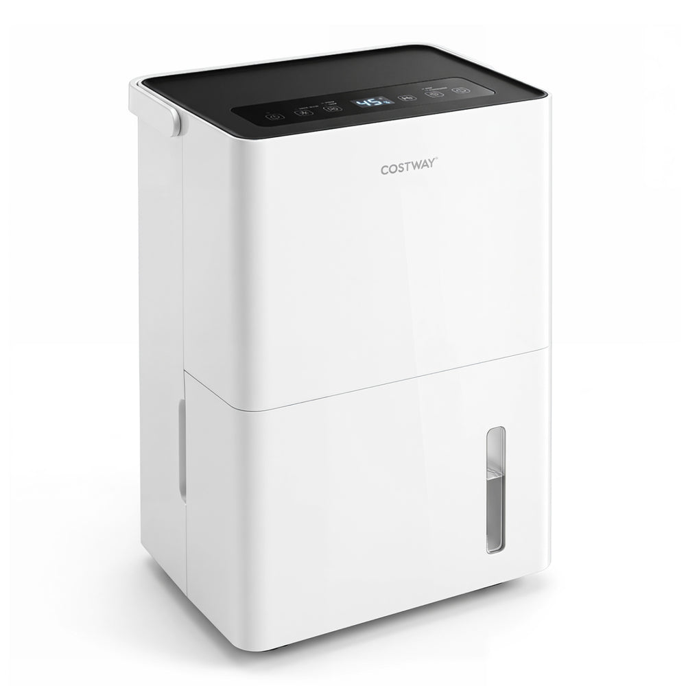 4000 Sq.Ft 80 Pint Compressor Dehumidifier in white features an LED display, child lock, and convenient drain hose for easy use.