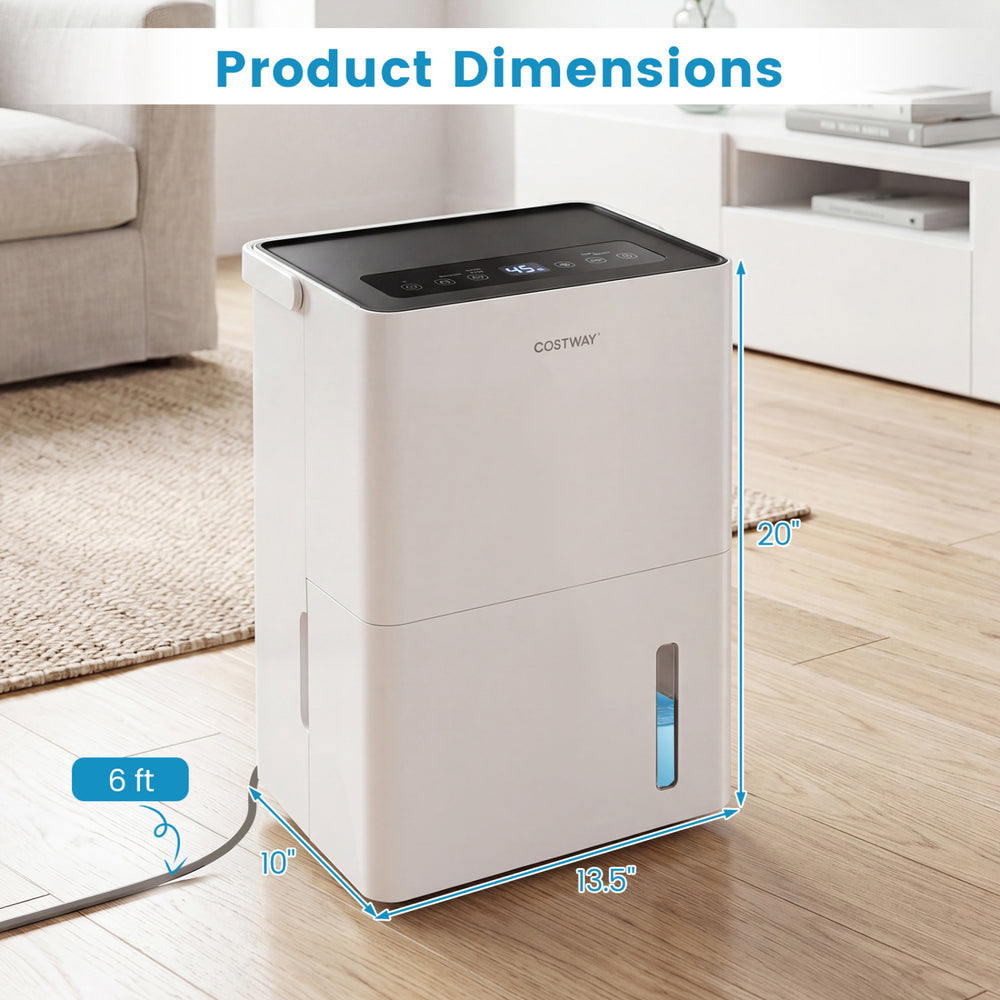 Dehumidifier with dimensions of 20" height, 13.5" width, and 10" depth, designed for efficient humidity control in homes.
