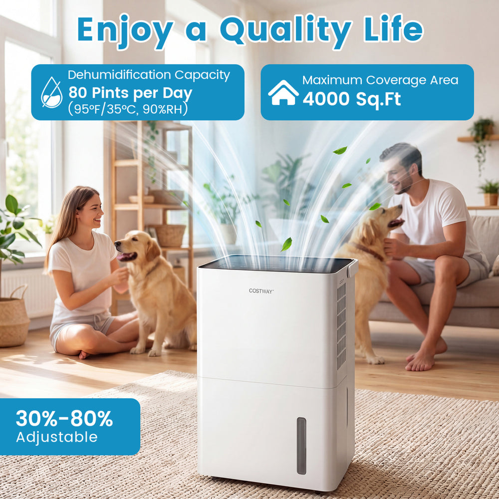 4000 Sq.Ft 80 Pint dehumidifier with adjustable humidity control and child lock, ideal for bedrooms and basements.
