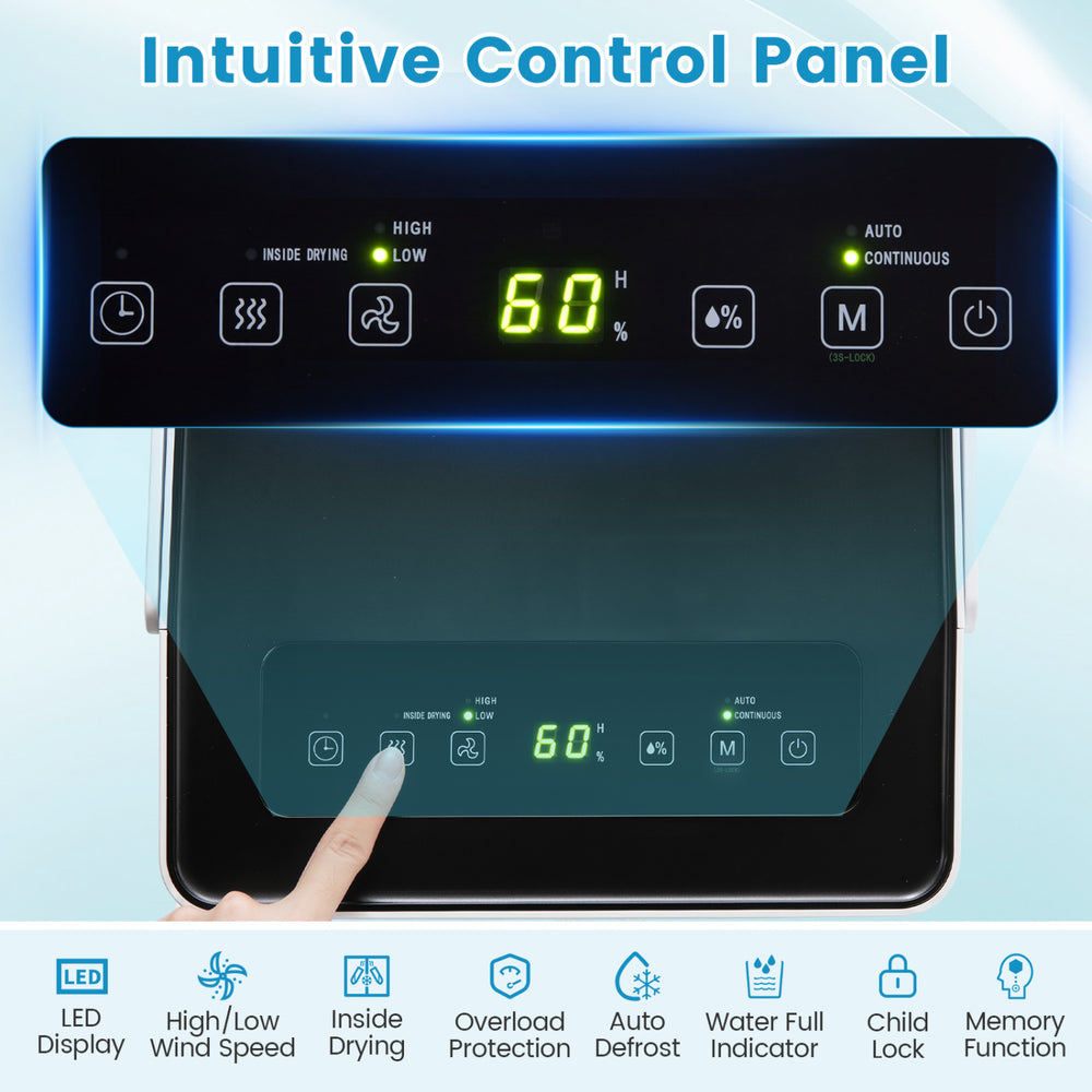 Intuitive control panel of the 4000 Sq.Ft 80 Pint compressor dehumidifier with LED display and child lock features.