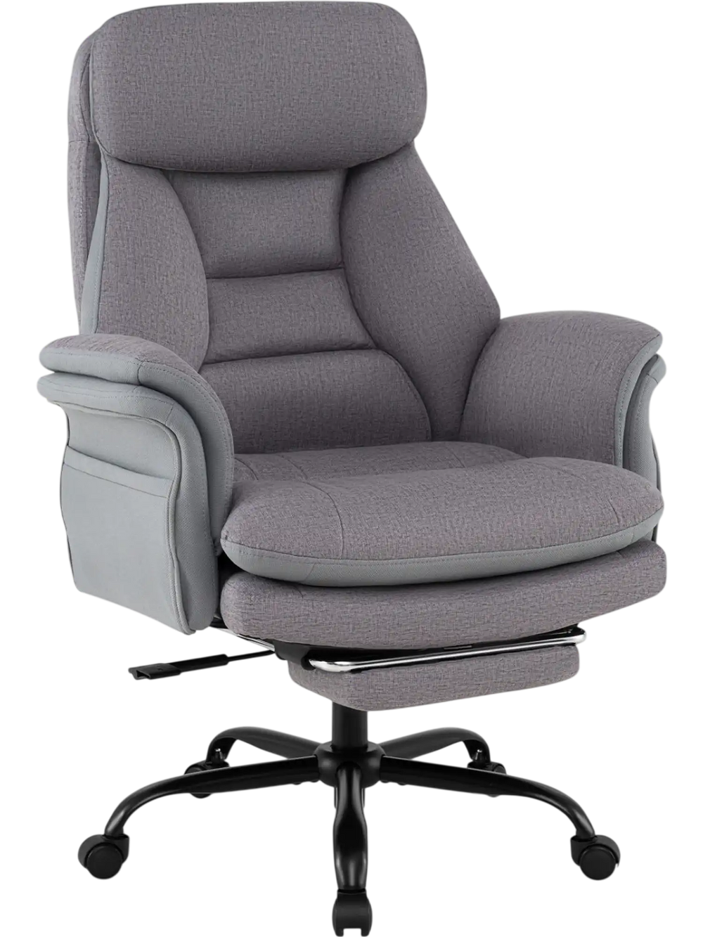 Ergonomic big and tall office chair in gray features adjustable armrests, a retractable footrest, and a padded seat for comfort.