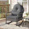 Gray patio rattan rocker chair with thick cushions and anti-tip stoppers, perfect for outdoor relaxation on the porch.