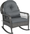 Gray patio rattan rocker chair features thick cushions, anti-tip stoppers, and ergonomic design for comfortable outdoor seating.