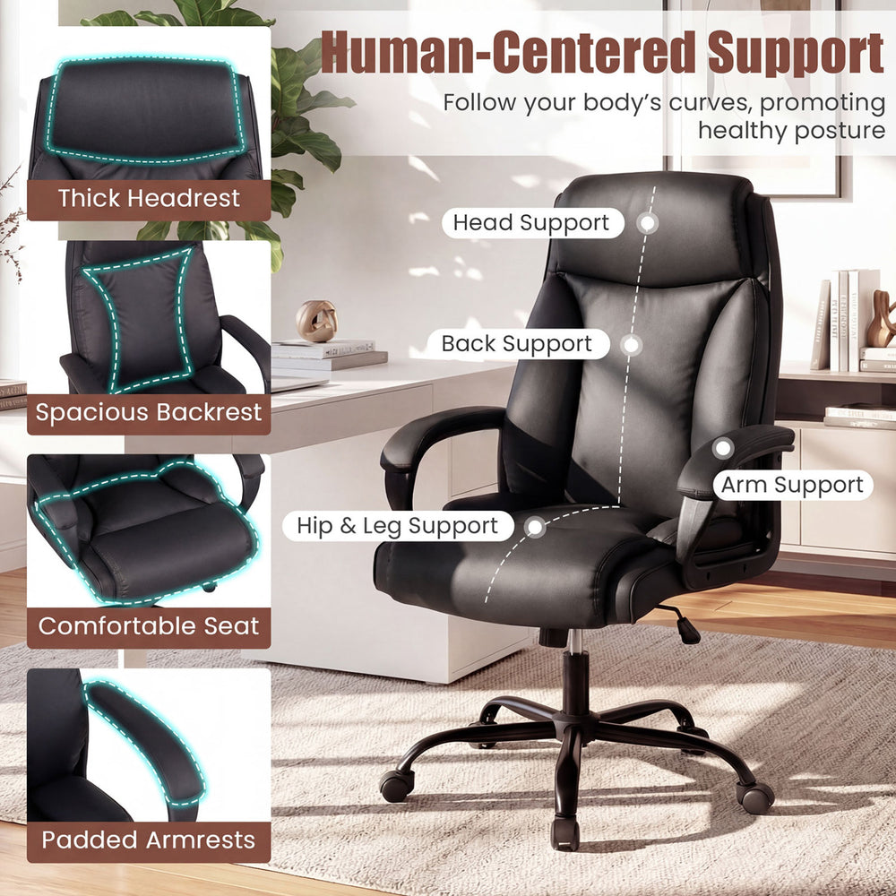 High back leather office chair with ergonomic design, padded armrests, and 400 lbs capacity for big and tall users.