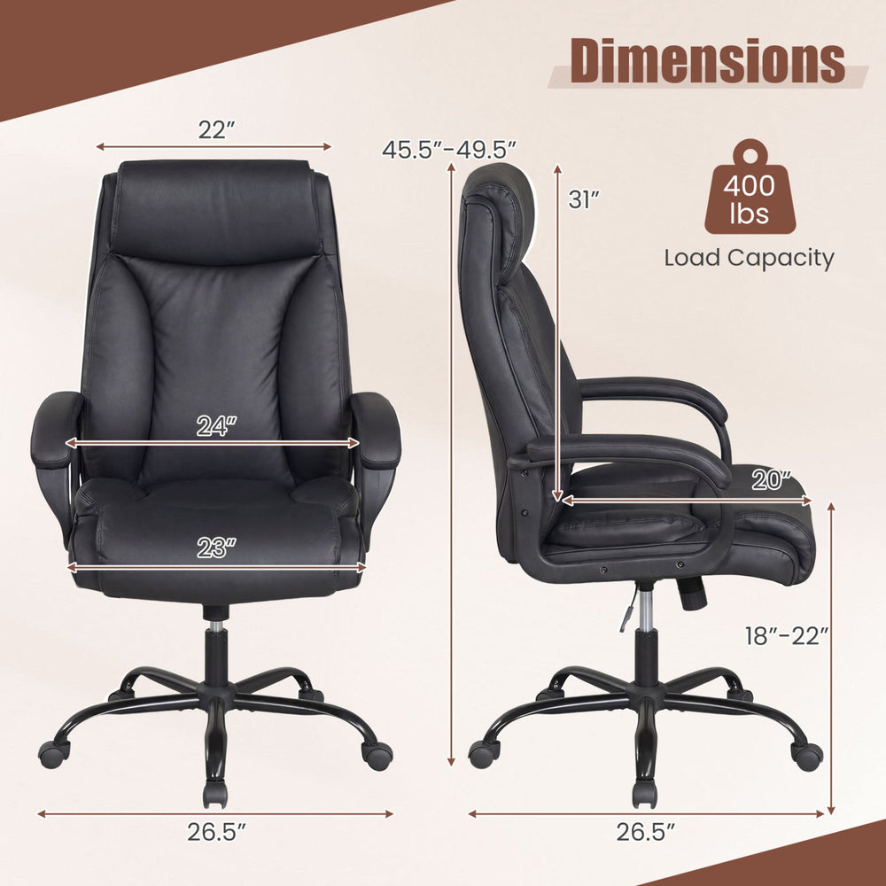 Adjustable high back leather office chair with a 400 lbs capacity, featuring a thick cushion and ergonomic design for comfort.