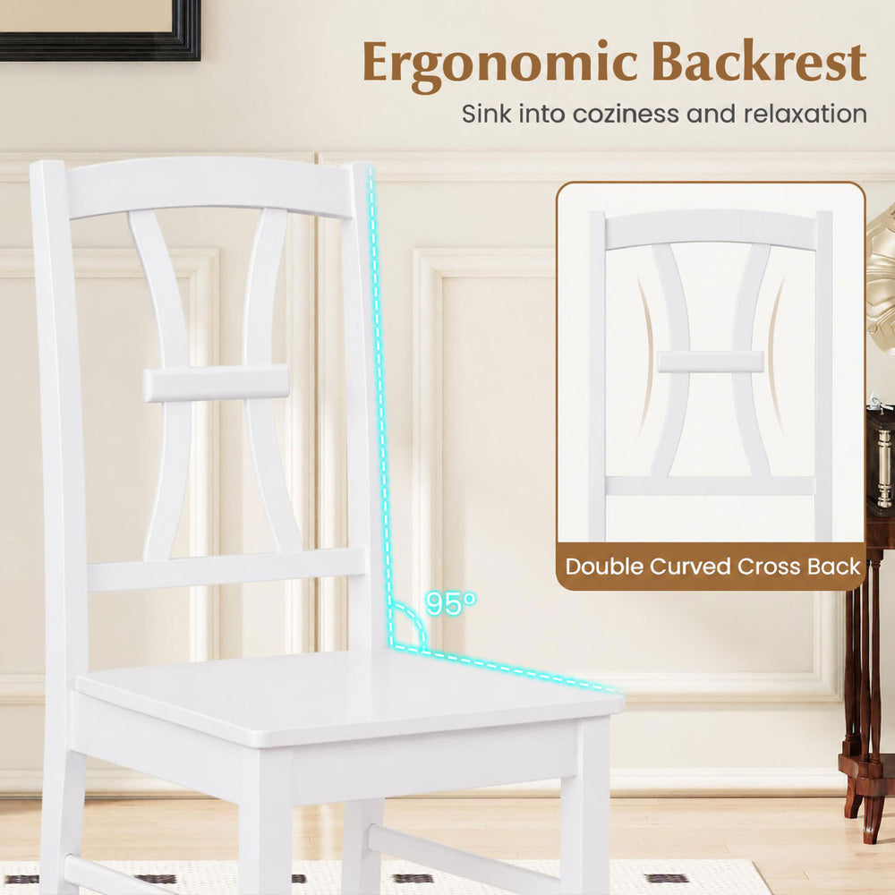 White dining chair with a 95° ergonomic backrest and sturdy rubber wood frame, perfect for kitchen or dining room use.