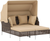 Outdoor daybed with retractable canopy in brown PE wicker rattan, featuring cushions for comfort, ideal for patio.