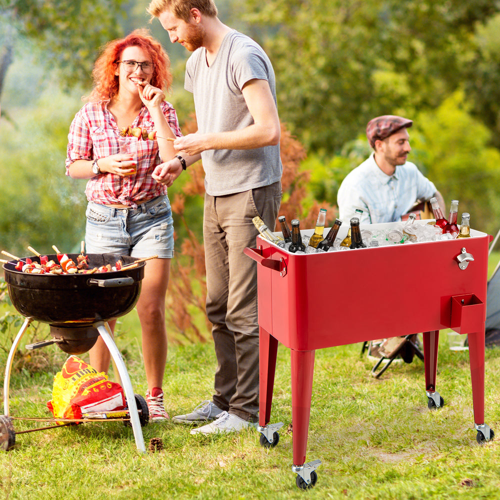 Red portable outdoor patio cooler cart with 80-quart capacity, wheels for easy movement, and bottle opener for.