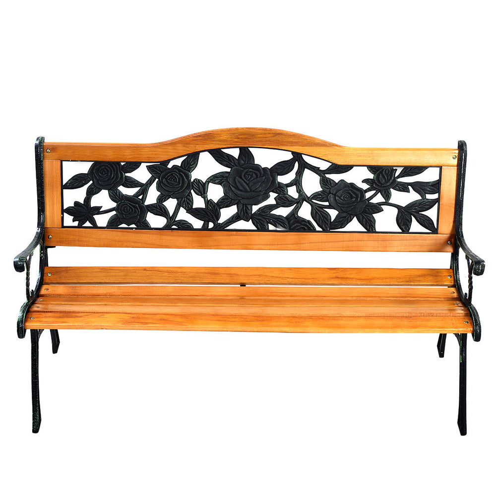 Garden bench chair with wooden seat and iron armrest, featuring floral backrest design, perfect for outdoor use.