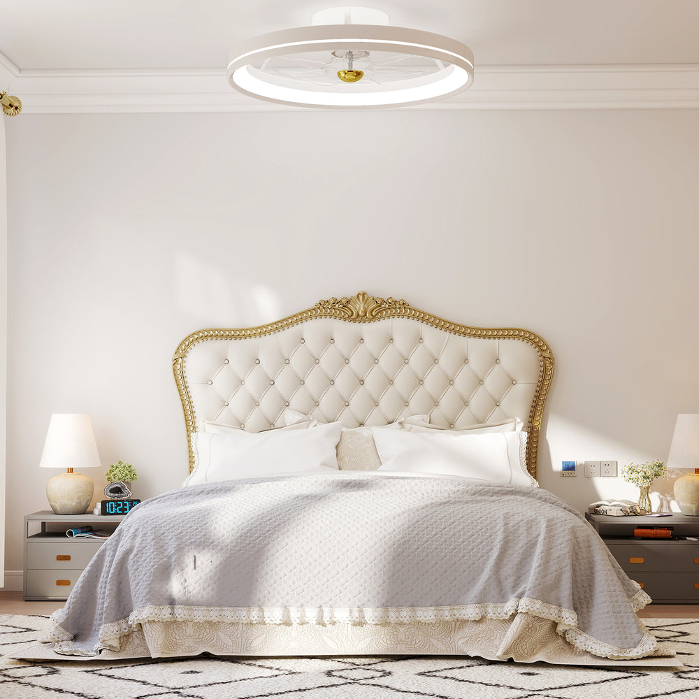 Low-profile 19-inch ceiling fan with dimmable LED, adjustable color temperature, and remote control for efficient.