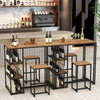 Rustic brown 3-piece bar table set with 2 stools, featuring storage shelves and a sturdy metal frame for small spaces.