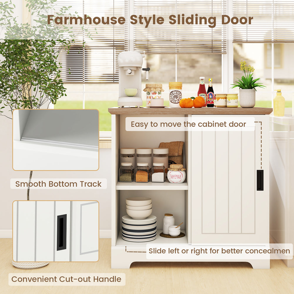 Farmhouse sideboard buffet cabinet with sliding doors, white finish, featuring smooth track and convenient cut-out.