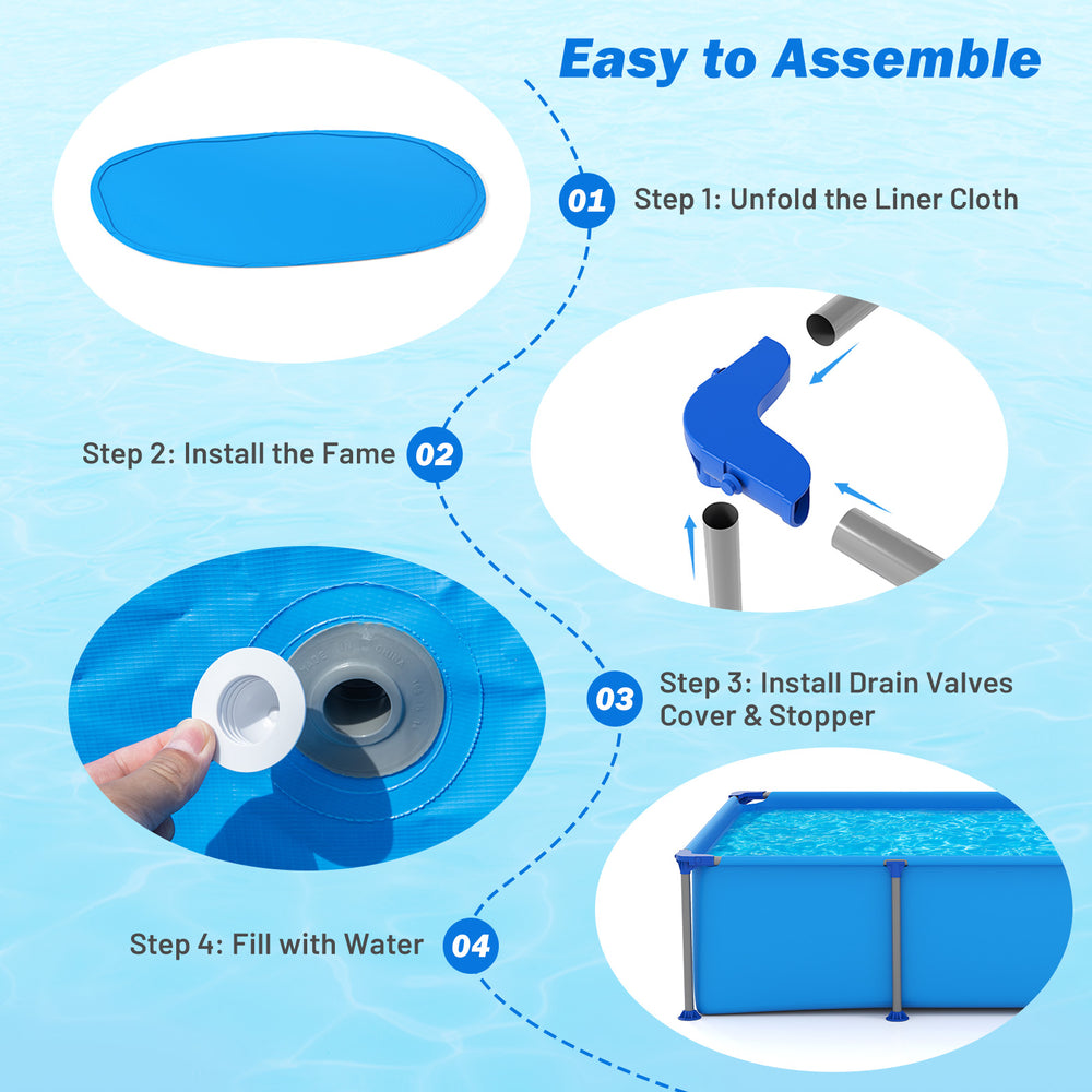 Outdoor family swimming pool assembly steps, featuring a metal frame and durable triple-layer PVC fabric for backyard.