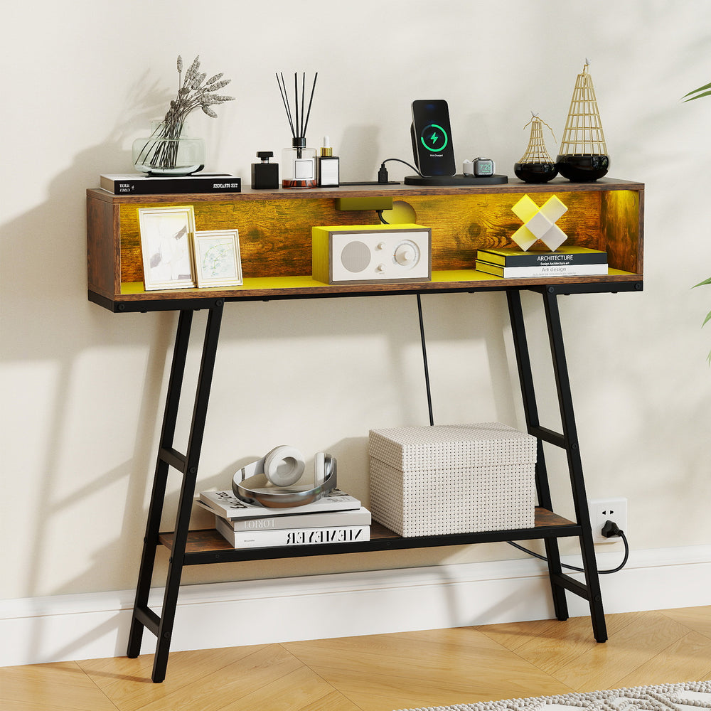 40" rustic brown console table with charging station, LED lights, and open compartments for versatile storage and.