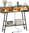 40" rustic brown console table with charging station, LED lights, and open compartments for versatile storage.
