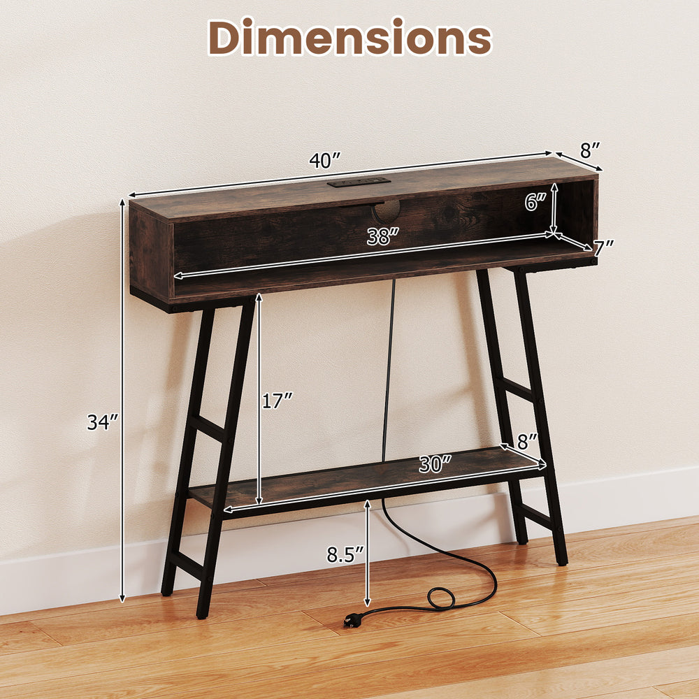 Rustic brown 40" console table with charging station, dimensions shown, featuring a wide tabletop and bottom shelf.