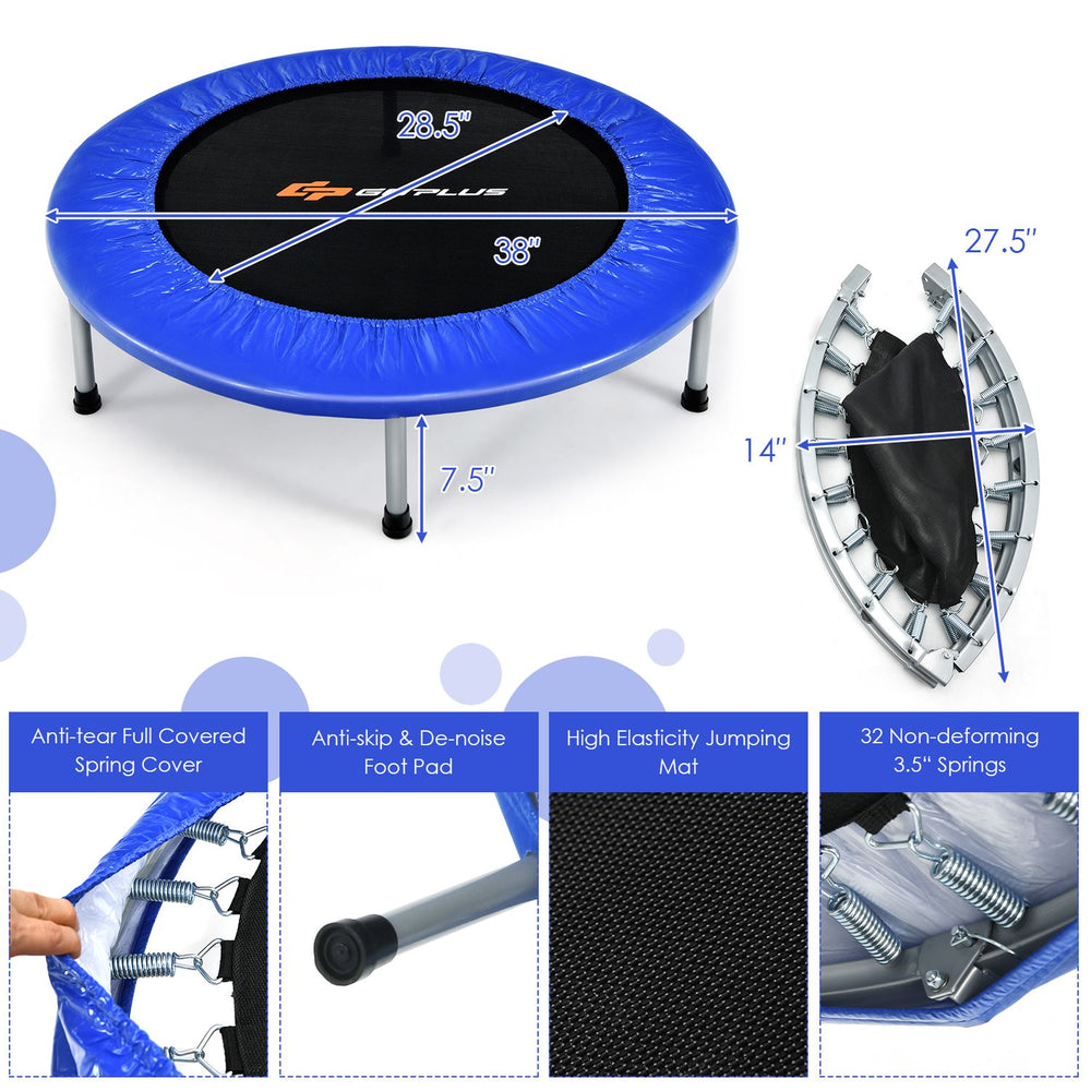 40" foldable fitness trampoline in blue features a protective safety pad and 32 high-elasticity springs for safe jumping.