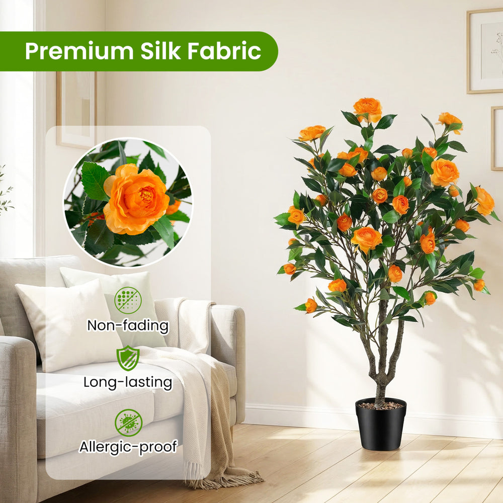40-inch artificial camellia tree with 37 vibrant flowers in a cement-filled pot, perfect for easy maintenance decor.