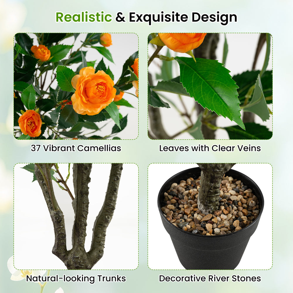Artificial camellia tree featuring 37 vibrant flowers, natural-looking trunks, and decorative river stones in a pot.