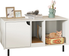40-inch white cat litter box enclosure with hidden space, open compartment, and scratching board for two cats.