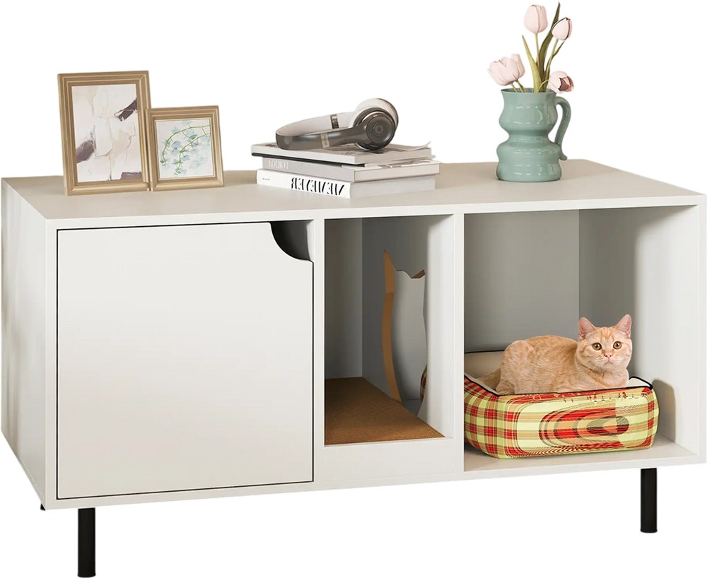 40-inch white cat litter box enclosure with hidden space, open compartment, and scratching board for two cats.