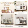 40-inch white cat litter box enclosure with hidden washroom, open compartment, and scratching board for two cats.