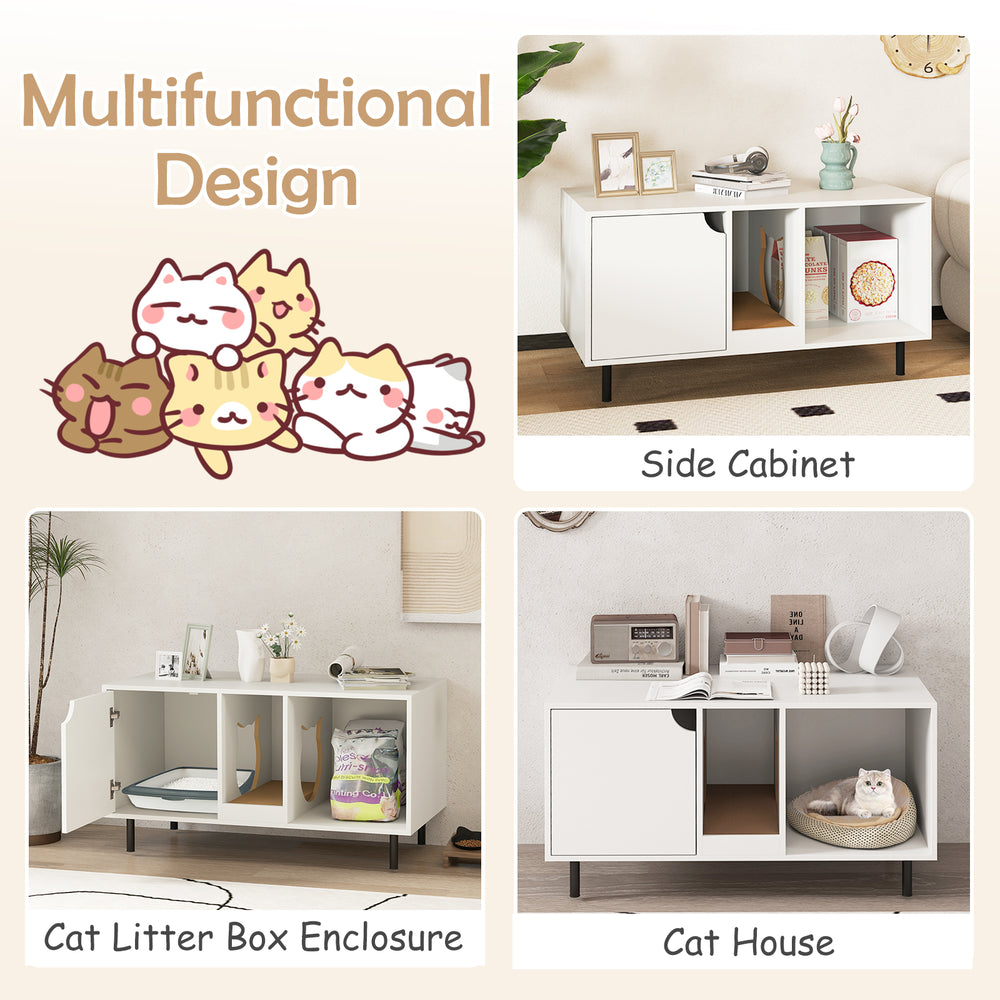 40-inch white cat litter box enclosure with hidden washroom, open compartment, and scratching board for two cats.