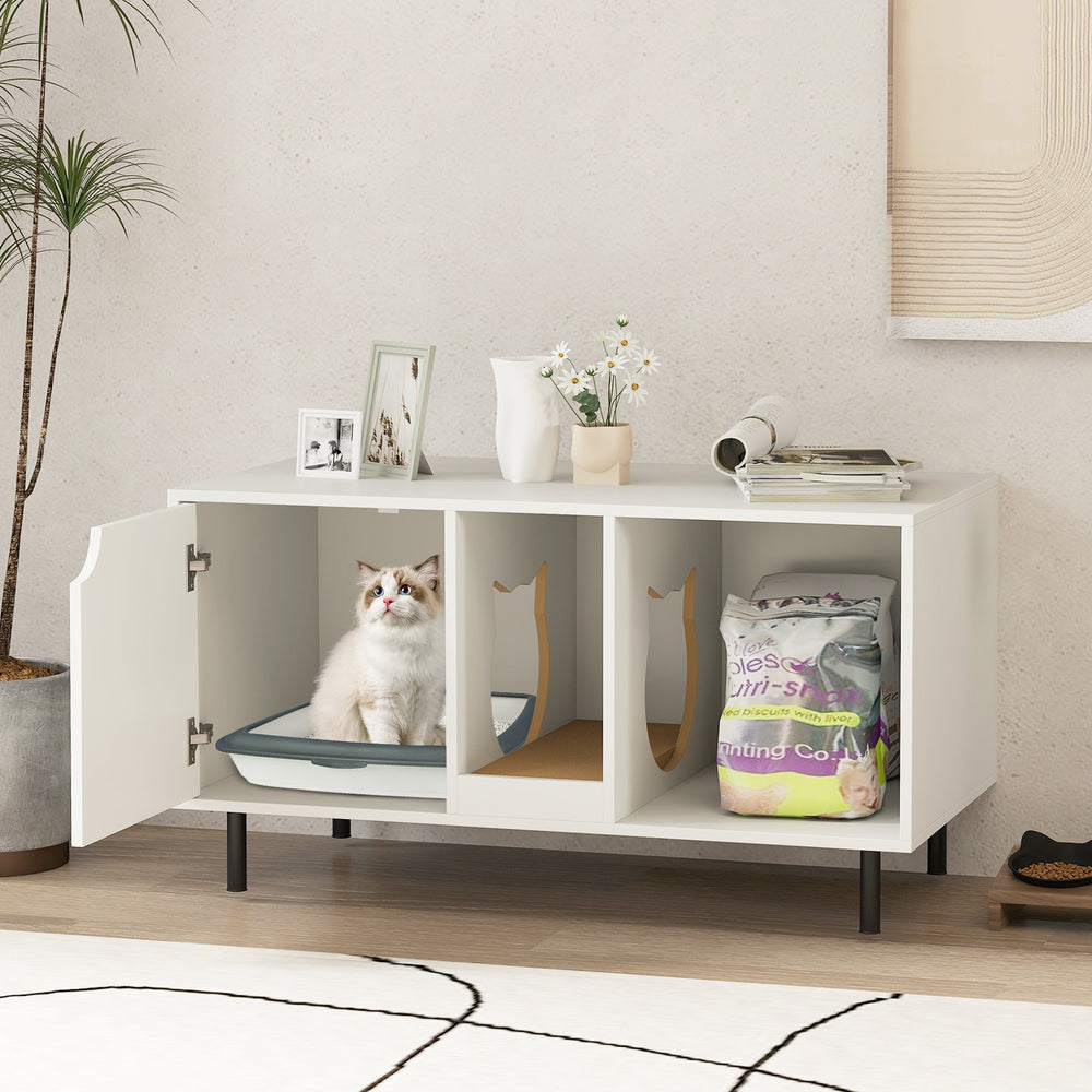 40-inch white cat litter box enclosure with hidden compartment, scratching board, and spacious countertop for cat.