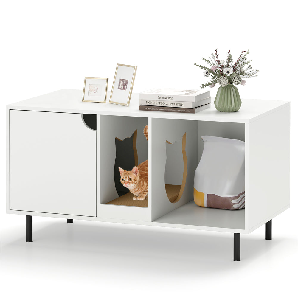 White 40-inch cat litter box enclosure with hidden washroom, spacious compartments, and scratching board for two cats.