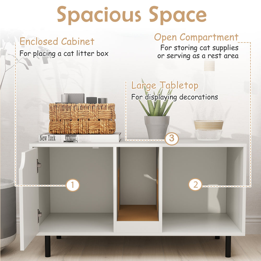 40-inch white cat litter box enclosure with large tabletop, enclosed cabinet, and open compartment for cat supplies.