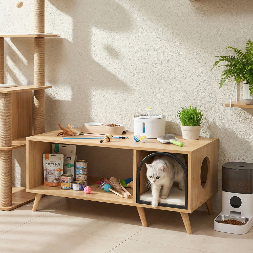 40-inch wooden coffee table cat house with open storage shelf, featuring a cozy side compartment and stylish natural.