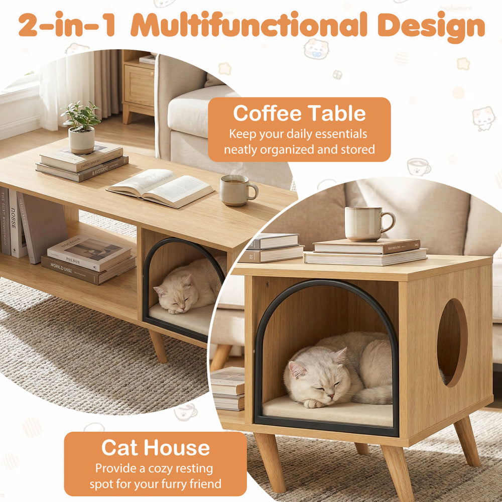 40-inch wooden coffee table with cat house, featuring open storage shelf and cozy padded cushion for pets.