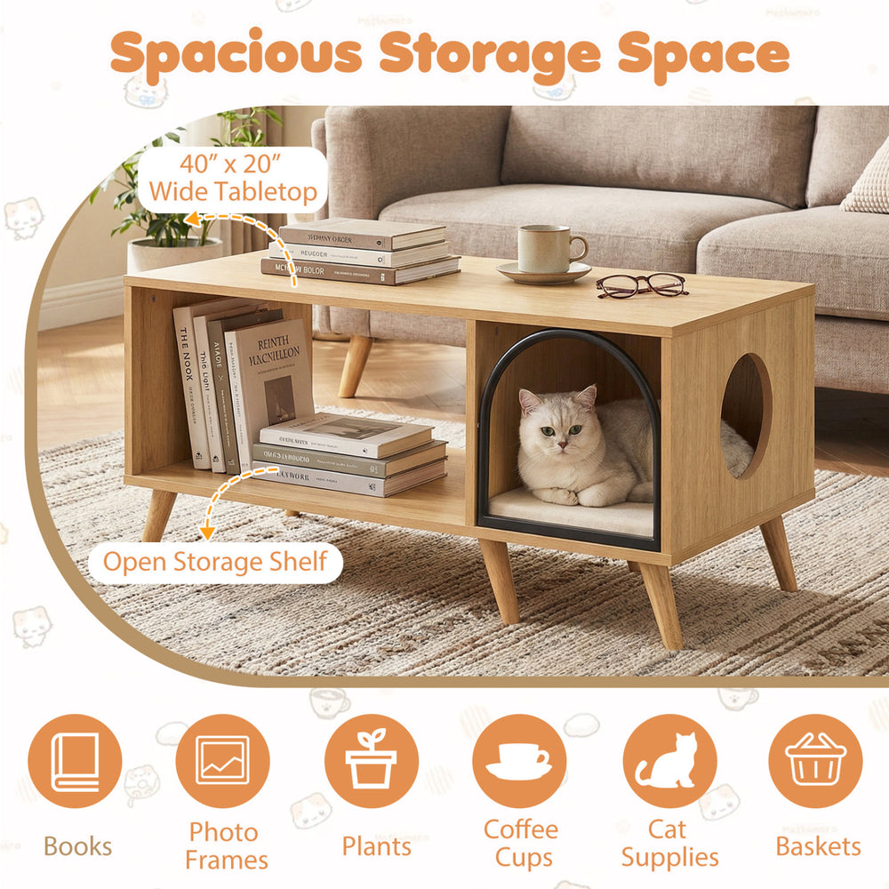 40-inch wooden coffee table with open storage shelf and cozy cat house, featuring natural finish and stylish design.