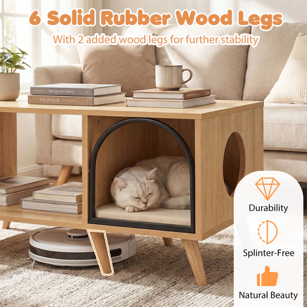40-inch coffee table cat house with natural wood finish, open storage shelf, and cozy side compartment for cats.