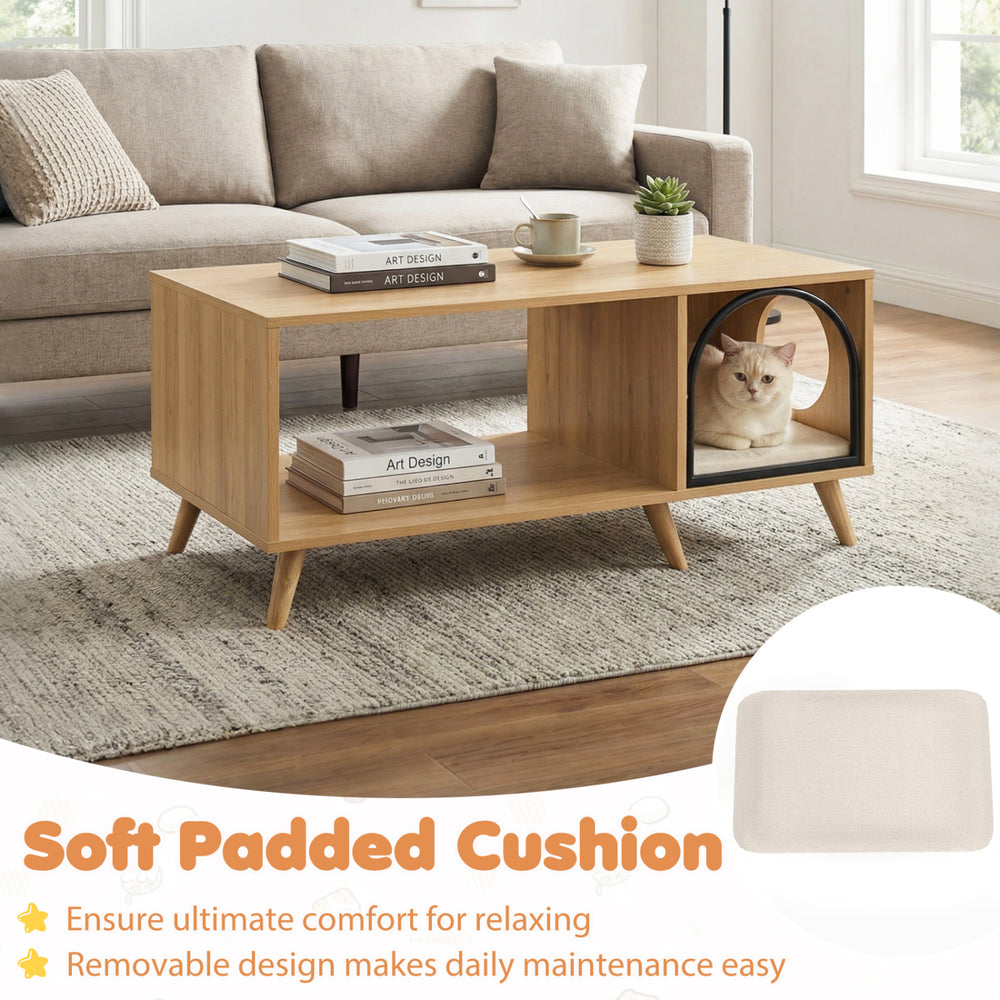 40-inch wooden coffee table with open storage shelf and cozy cat house, featuring a removable padded cushion for easy.