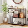 Console table with rustic brown finish, featuring staggered shelves and a fabric drawer, ideal for entryway or living.