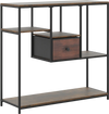 Side view of a 40-inch rustic brown console table showcasing staggered shelves and a practical fabric drawer for.