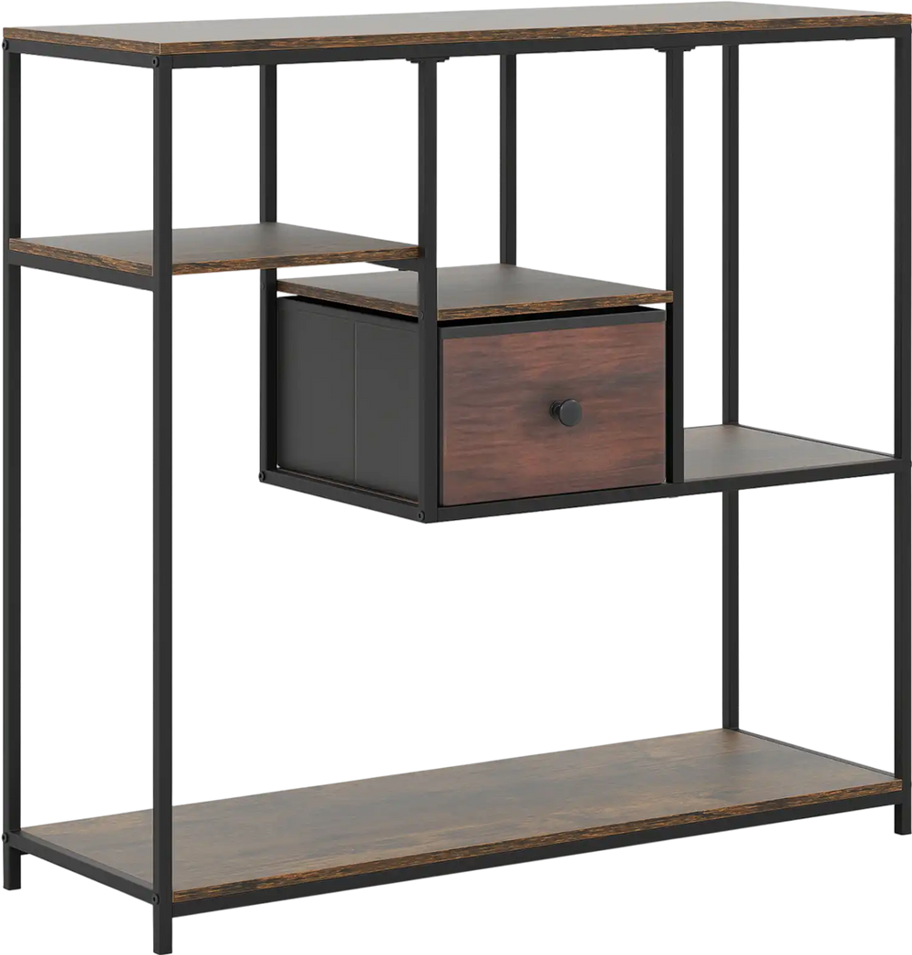 Side view of a 40-inch rustic brown console table showcasing staggered shelves and a practical fabric drawer for.